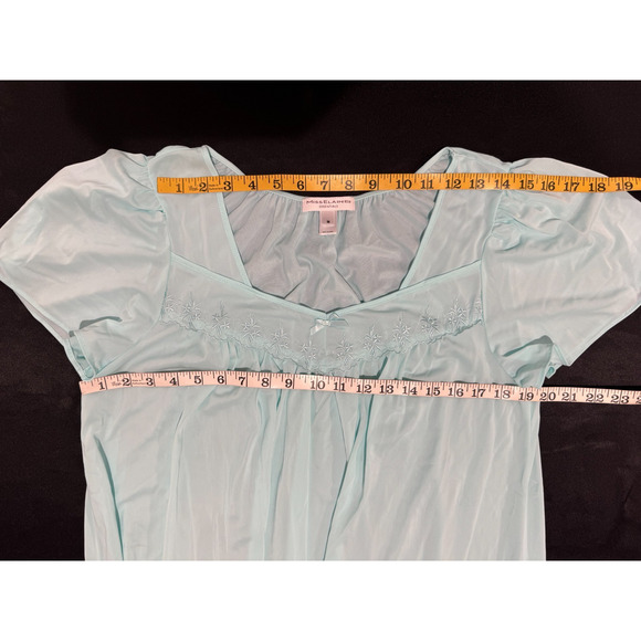 Vintage Miss Elaine Nylon Nightgown Sz M Short Sleeve Embroidered Turquoise - Picture 5 of 8